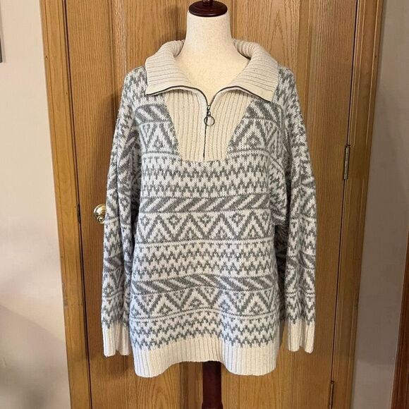 Aerie Gray Cream Wool Blend 1/4 Zip Pullover Sweater Oversized XL - Picture 4 of 9